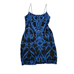 B.Darlin Sequin Mini Dress Women 11/12 Blue Black Scroll Spaghetti Strap Bodycon